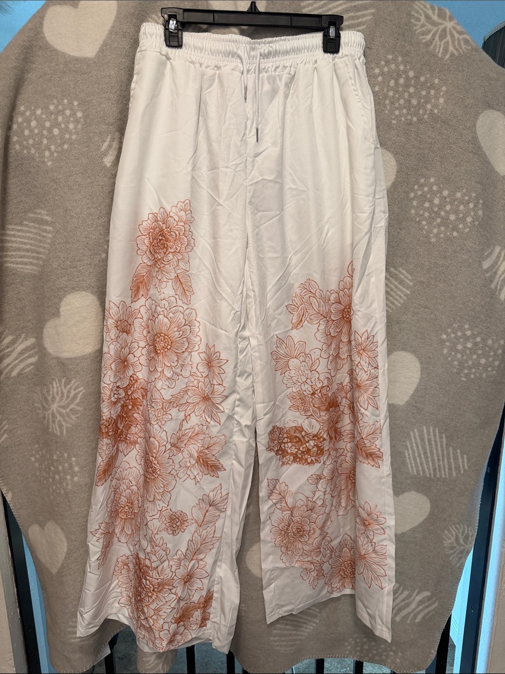 White Wide Leg Pants with Rust Floral Print